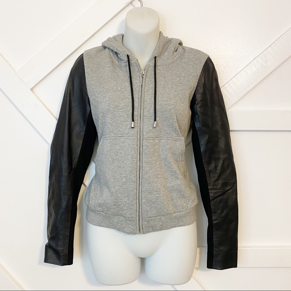 Aqua Leather Sleeve Zip Up Hooded Sweatshirt Jacket Heathered Gray Black Sz XS